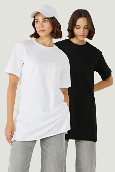 C&City Dlouhé tričko Crew Neck Half Sleeve Rozparek 2 kusy 963 Černá/Bílá