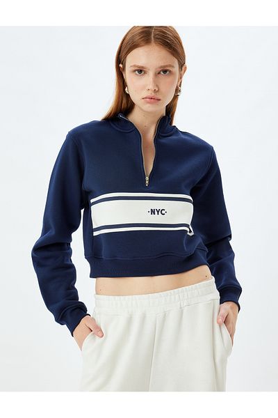 Koton Color Blocked Three Thread Raised Half Zipper Detailed Crop Sweatshirt