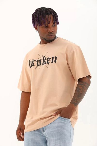 Mirage Beige Unisex Oversize Crew Neck T-Shirt - Printed