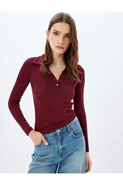 Koton Basic-T-Shirt mit Polokragen – lange Ärmel, Knopfleiste, schmale Passform