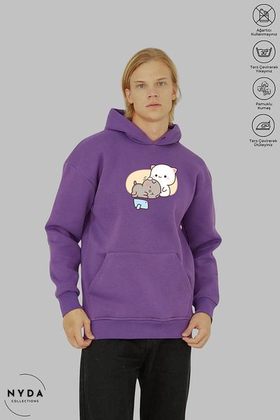 Nyda Collections Унисекс суитшърт с качулка и дълъг ръкав Bubu Dudu - голям размер, памук
