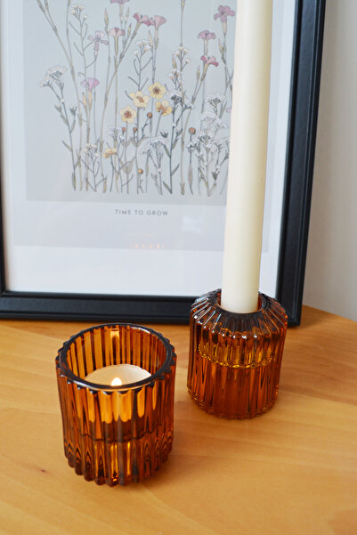 SUM STUDIO Cam Amber Şamdan Mumluk, 2 li Set Çift Taraflı