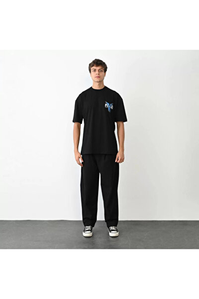 LUMİART تي شيرت كبير الحجم مطبوع برقبة دائرية للجنسين - أسود