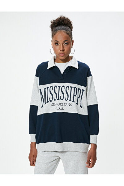 Koton Oversize mikina s pololímečkem College s potištěným knoflíkem