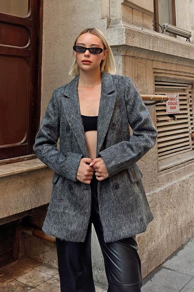 Swist Smoked Double Breasted Button Closure Bearded Women's Blazer Jacket