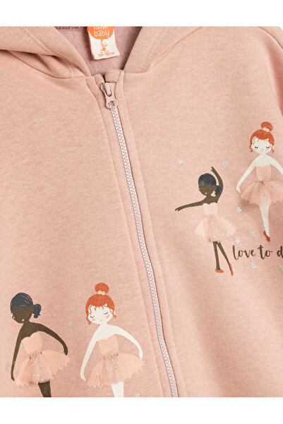 Koton Kapşonlu Sweatshirt Fermuarlı Uzun Kollu Balerin Baskı Detaylı Şardonlu