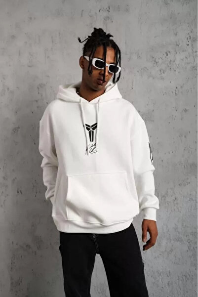 LUMİART Men's Back Printed Hooded Three Thread Oversize Sweatshirt - White