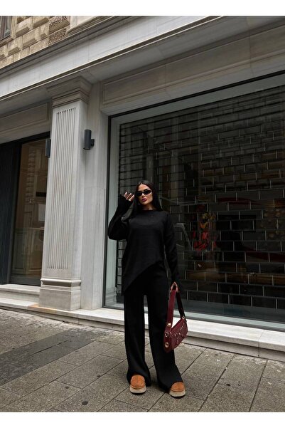 LB Laluna Butik Női kötöttáru szett aszimmetrikus szabású pulóver és Palazzo nadrág hasítékkal