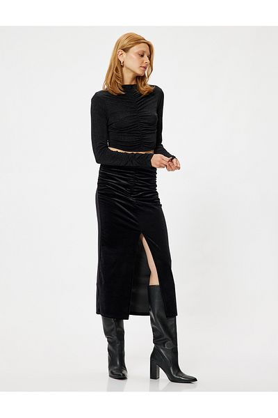 Koton Draped Slim Fit Midi Length Pencil Velvet Skirt with Front Slit Detail