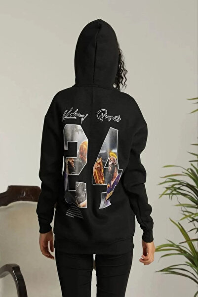 LUMİART Women's Printed Oversize Three Thread Hooded Sweatshirt - Black