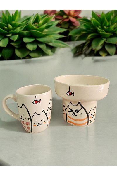 Soli Seramik Handmade High Ceramic Food or Water Bowl for Cats and Dogs Non-Spill Food Container, Mug Cup