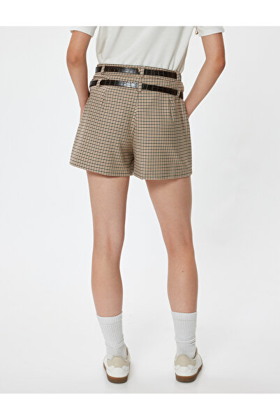 Koton Pileli Şort Etek Mini Kemer Detaylı Ekoseli