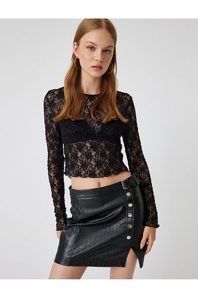 Koton Μακρυμάνικη Crew Λαιμόκοψη Lace Crop Μπλούζα