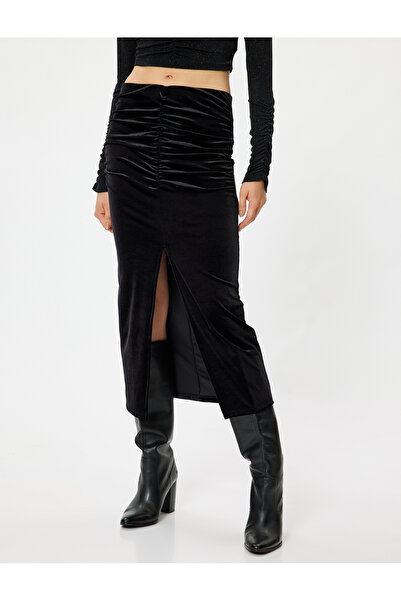Koton Draped Slim Fit Midi Length Pencil Velvet Skirt with Front Slit Detail