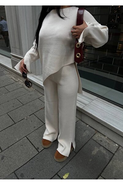 LB Laluna Butik Costum de tricotaj pentru damă, pulover cu croială asimetrică și pantaloni Palazzo cu picioare despicate