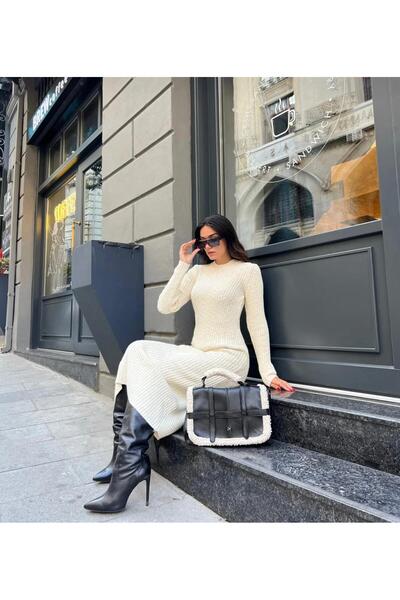 LEVABOUTIQUE Triko Sıfır Yaka Uzun Kollu Midi Elbise