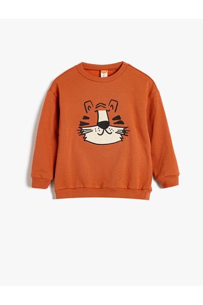 Koton Tiger Print Sweatshirt Long Sleeve Crew Neck Raised