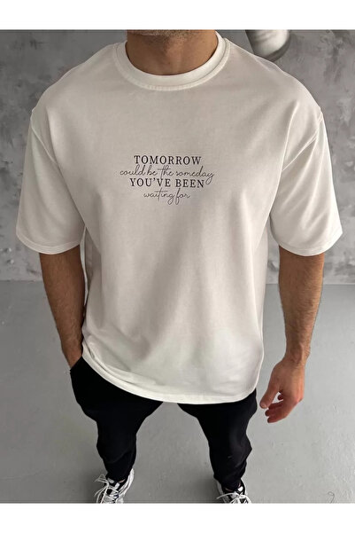 LUMİART تي شيرت كبير الحجم مطبوع برقبة دائرية للجنسين - أبيض