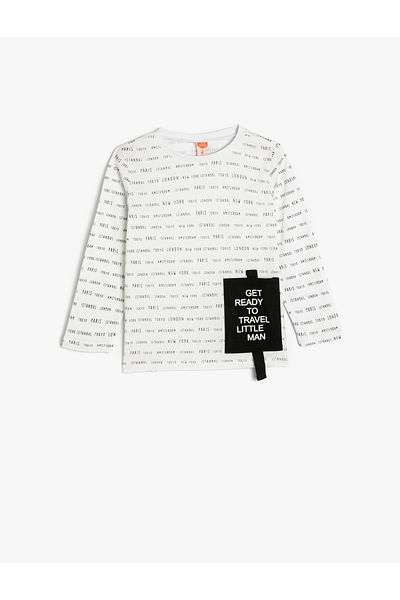 Koton Cotton Long Sleeve T-Shirt - City Print, Pocket Detail, Crew Neck