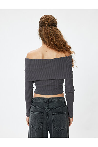 Koton Tričko Madonna s límečkem bez ramene Košilka s dlouhým rukávem Potištěná bavlna Slim Fit