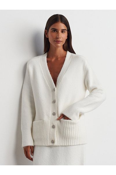 Dilvin 60269 V-Neck Stone Buttoned Soft Textured Knitwear Cardigan with Pockets-Ecru