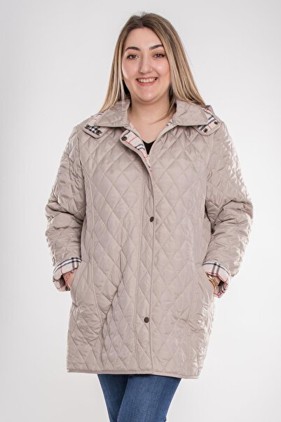 Genel Markalar 1004 Büyük Beden Kapitone Cep Fermuarlı Kapüşonlu Kadın Trençkot