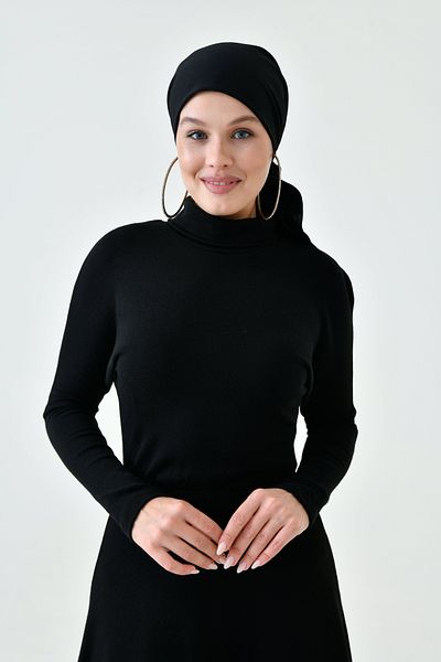 4S1B FASHION Γυναικείο ακρυλικό ύφασμα γιακάς μακρυμάνικο μίντι μαύρο φόρεμα χιτζάμπ 134