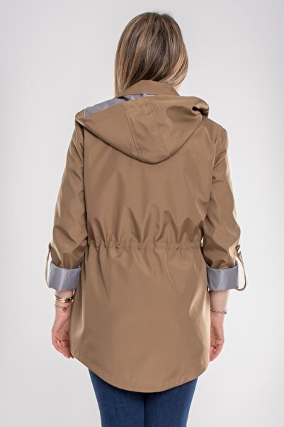 Derfa collection 1009 Büyük Beden Kol Katlama Kapüşonlu Beli Bağcıklı Kadın Trençkot