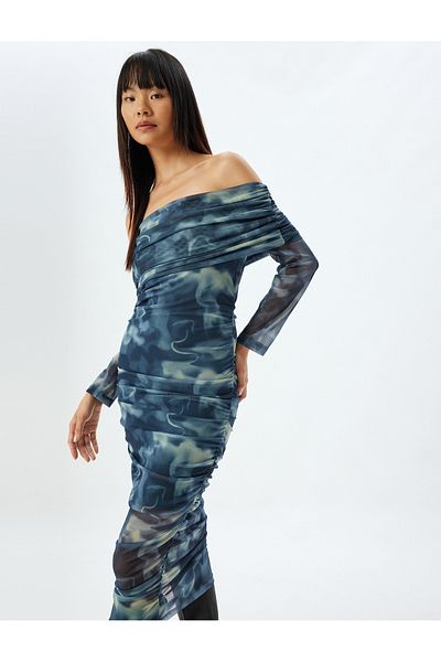 Koton Rochie din tul cu umăr dezactivat, guler Madonna, lungime midi, drapată, slim fit, cu mânecă lungă cu imprimeu abstract