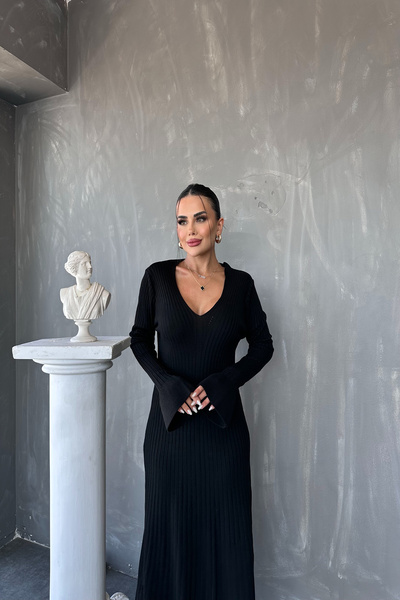 KAMACI BUTİK Rochie din tricot cu nervuri cu decolteu în V (Mărime standard S...