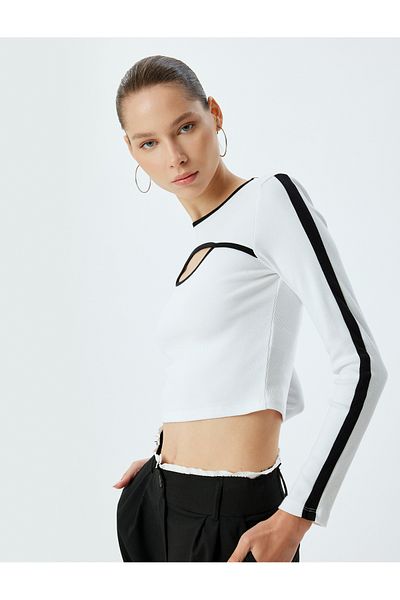 Koton Long Sleeve Crop T-shirt - Window Detail, Slim Fit, Crew Neck
