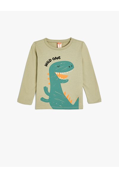 Koton Cotton Long Sleeve Dinosaur T-Shirt - Crew Neck
