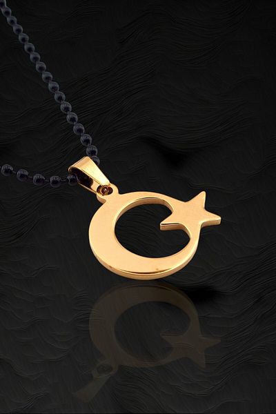 Solfera Men's Moon Star Turkish Flag Yellow Steel Necklace K891