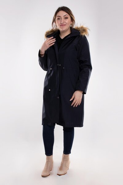 Derfa collection 1010 Büyük Beden Kapşonlu Fermuarlı Beli Bağcıklı Uzun Kap