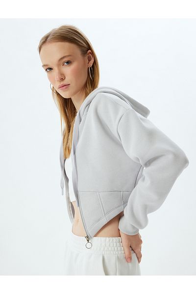 Koton Hooded Zippered Crop Sweatshirt - Corset Look