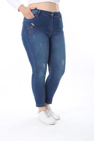EYLÜLXXL Large Size Flexible Jeans - Pocket Embroidery Detail