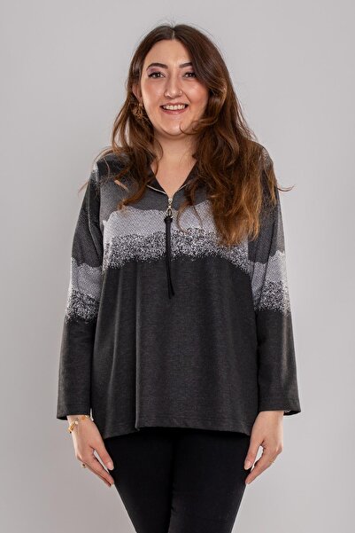 GRANDİ 2208 Büyük Beden Degrade Yaka Fermuarlı Viscon Bluz