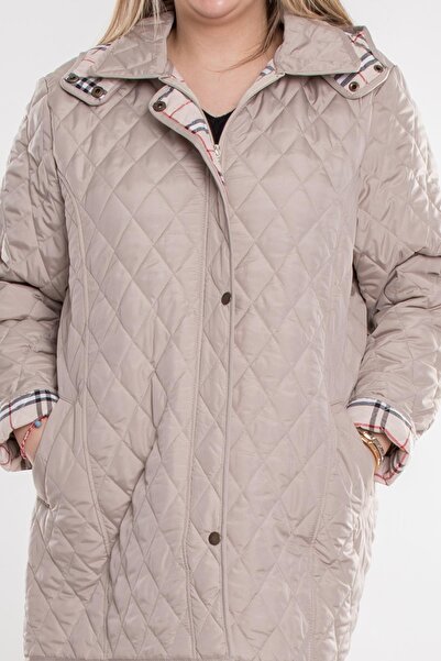 Genel Markalar 1004 Büyük Beden Kapitone Cep Fermuarlı Kapüşonlu Kadın Trençkot