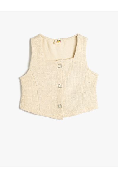 Koton Tweed Crop Vest Square Neck Sleeveless Pearl Button