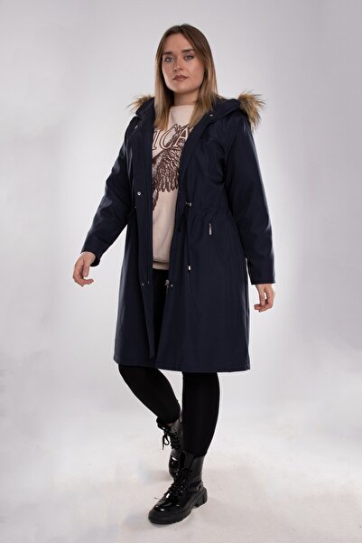 Derfa collection 1011 Battal Beden Içi Kürklü Beli Bağcıklı Kapşonlu Uzun Kap