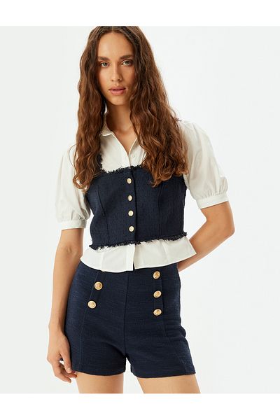 Koton Tweed Λεπτομερές κοντό μπαλόνι μανίκι Crop πουκάμισο