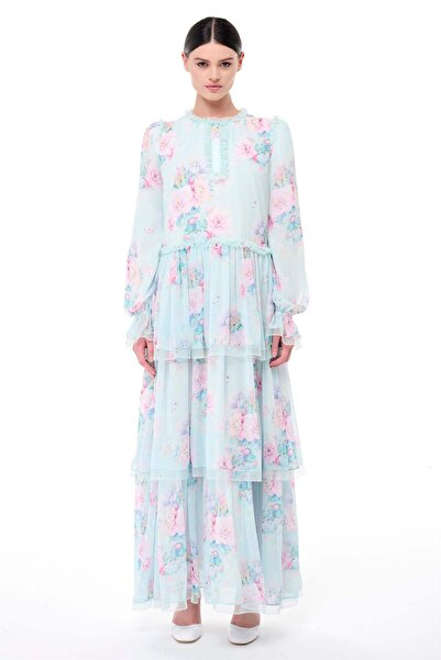 miha Hicran Önal Φόρεμα με δαντέλα σε χρώμα μέντας με λεπτομέρειες από δαντέλα