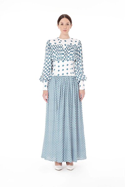 miha Hicran Önal NAKIŞ DETAYLI DİJİTAL BASKI UZUN ELBİSE Mavi