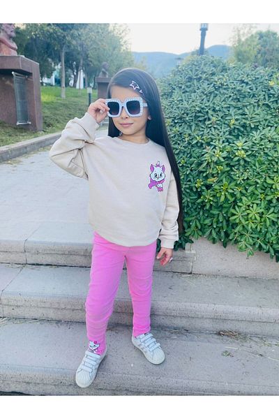 Uslukids New Season Girl's Cat Top and Bottom Tracksuit Set