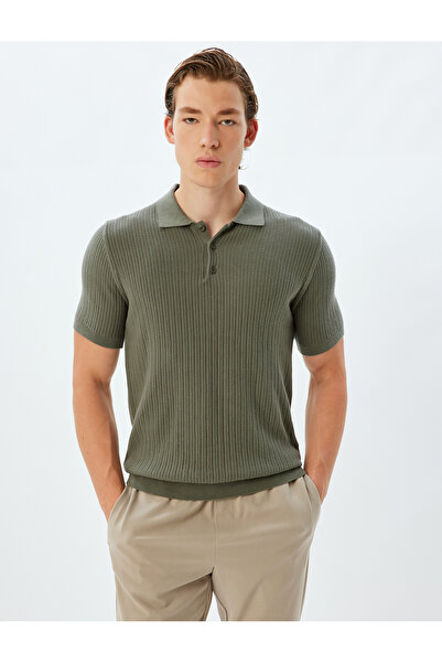 Koton Knitwear T-Shirt - Polo Neck, Basic Short Sleeve Textured Cotton