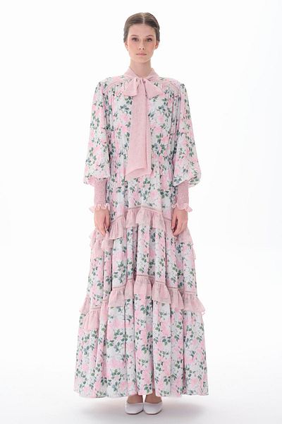 miha Hicran Önal COATED FLOWER PATTERNED DRESS WITH SCARF COLLAR Pink
