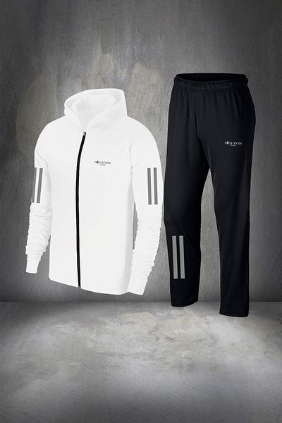 POSEIDON STORM Men's White New Supra Combed Cotton Fabric Zipper Hooded Sweatpants Set for Walking S-3Xl