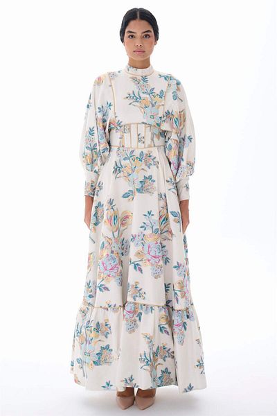 miha Hicran Önal CORSAGE DETAILED JACQUARD DRESS Ecru