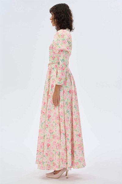 miha Hicran Önal Pink Floral Patterned Puffy Dress with Sleeves