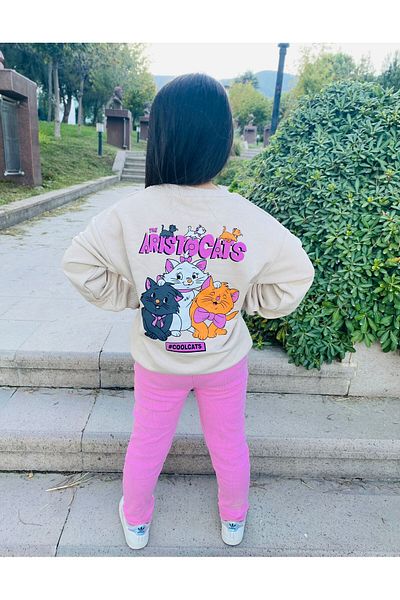 Uslukids New Season Girl's Cat Top and Bottom Tracksuit Set